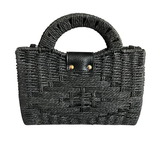 Forever 21 Black Woven Basket Handbag Purse Structured Top Handle Bag Turn Lock - Picture 4 of 10